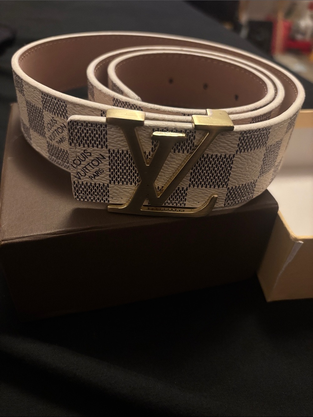 Louis Vuitton White/Tan Damier Azur Canvas Belt with Gold LV Buckle